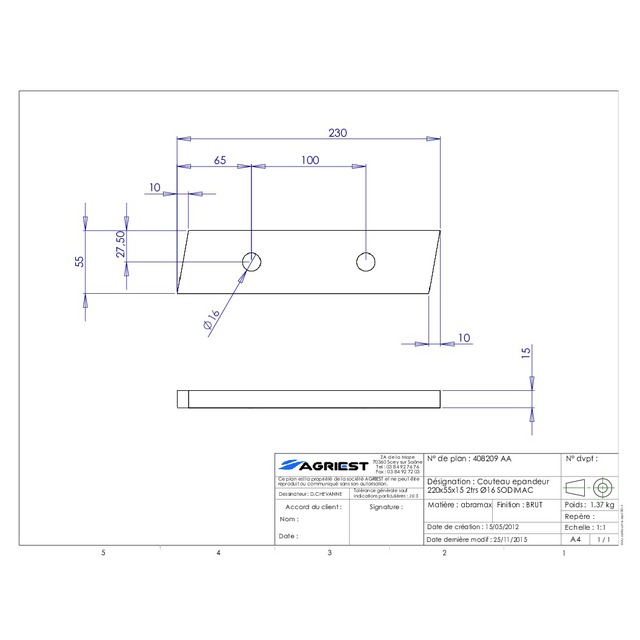 Couteau Epandeur 230X55X15 2 TRS Ø16 EA 100 Adaptable Sodimac référence fournisseur 408209